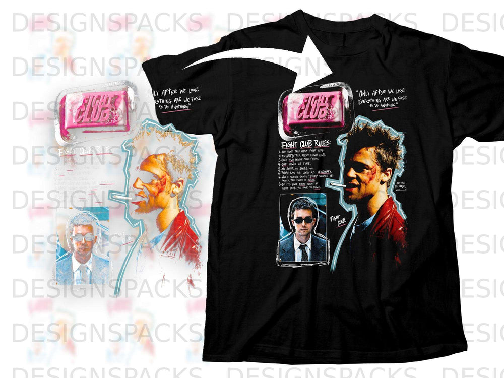 Black t-shirt with Fight Club art featuring quote, rules, and character illustrations.