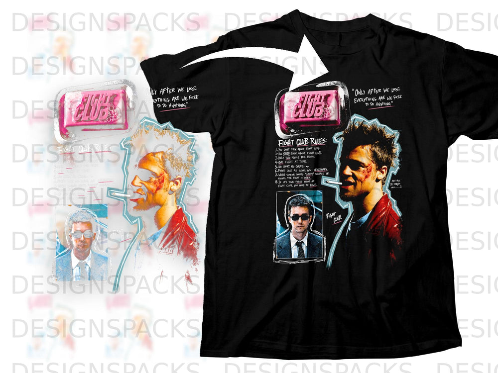 Black t-shirt with Fight Club art featuring quote, rules, and character illustrations.
