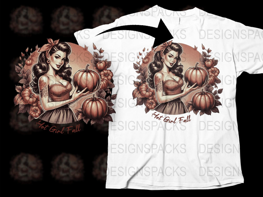Autumn Pumpkin Girl T-Shirt, Fall Pinup Fashion Tee, Vintage Style Halloween Shirt, Trendy October Clothing