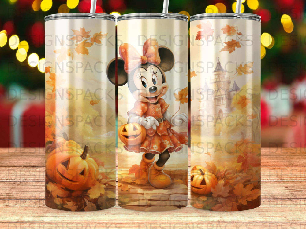 Minnie Mouse in orange dress holding a pumpkin, surrounded by autumn leaves and pumpkins.