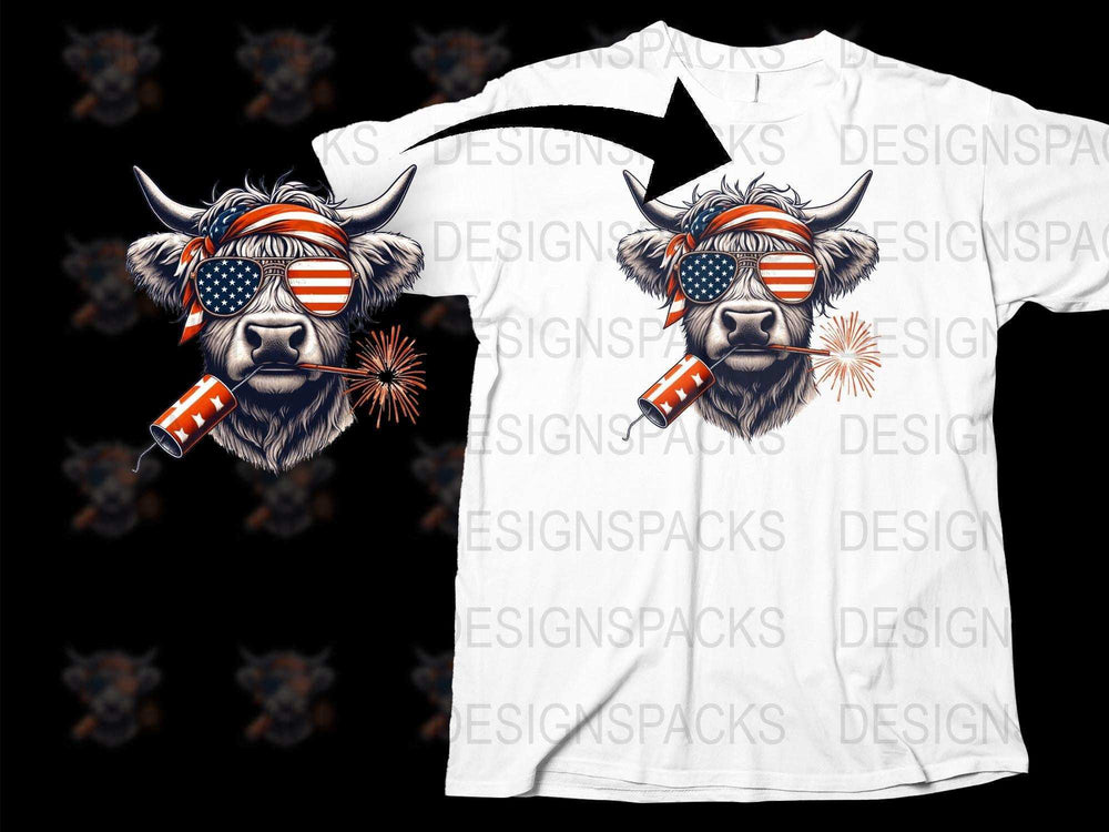 Patriotic Highland Cow T-Shirt with Sunglasses and Fireworks, American Flag Print, Unisex Graphic Tee
