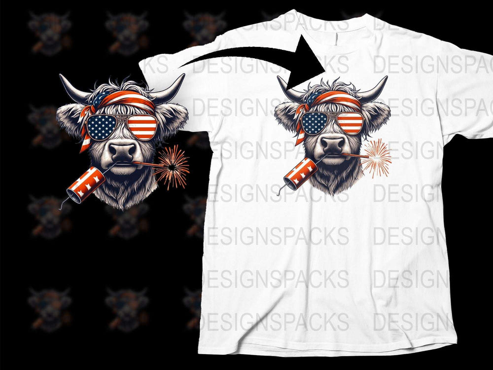 Patriotic Highland Cow T-Shirt with Sunglasses and Fireworks, American Flag Print, Unisex Graphic Tee