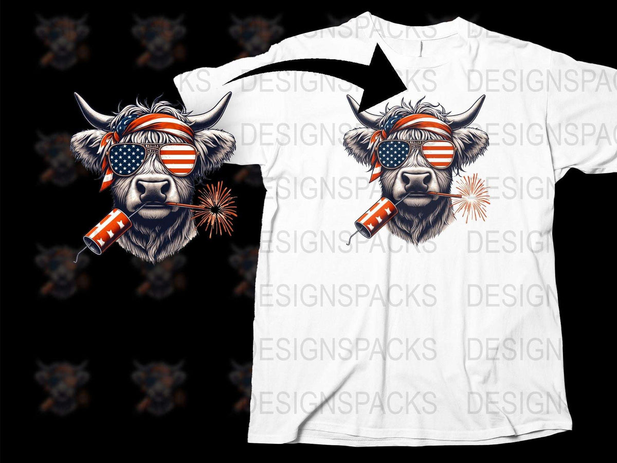 Patriotic Highland Cow T-Shirt with Sunglasses and Fireworks, American Flag Print, Unisex Graphic Tee
