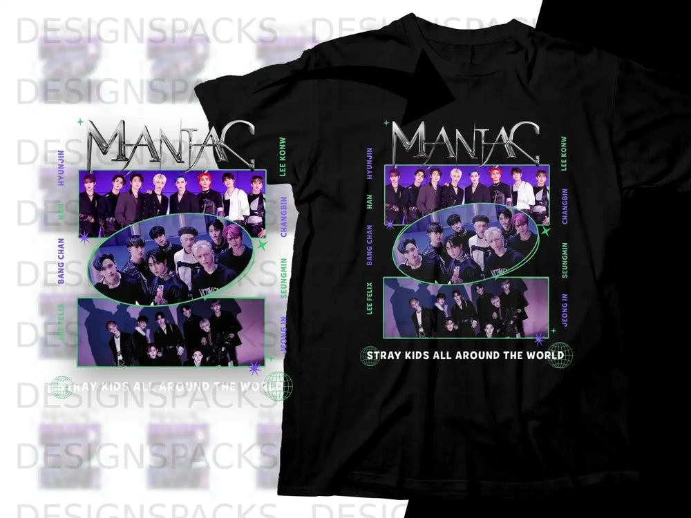 Stray Kids "MANIAC" album art t-shirt with group photo and text.