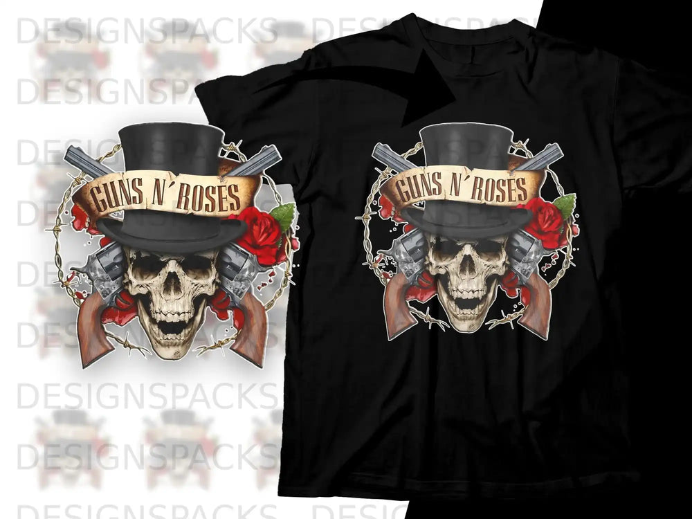 Guns N' Roses skull with roses and pistols on black t-shirt.