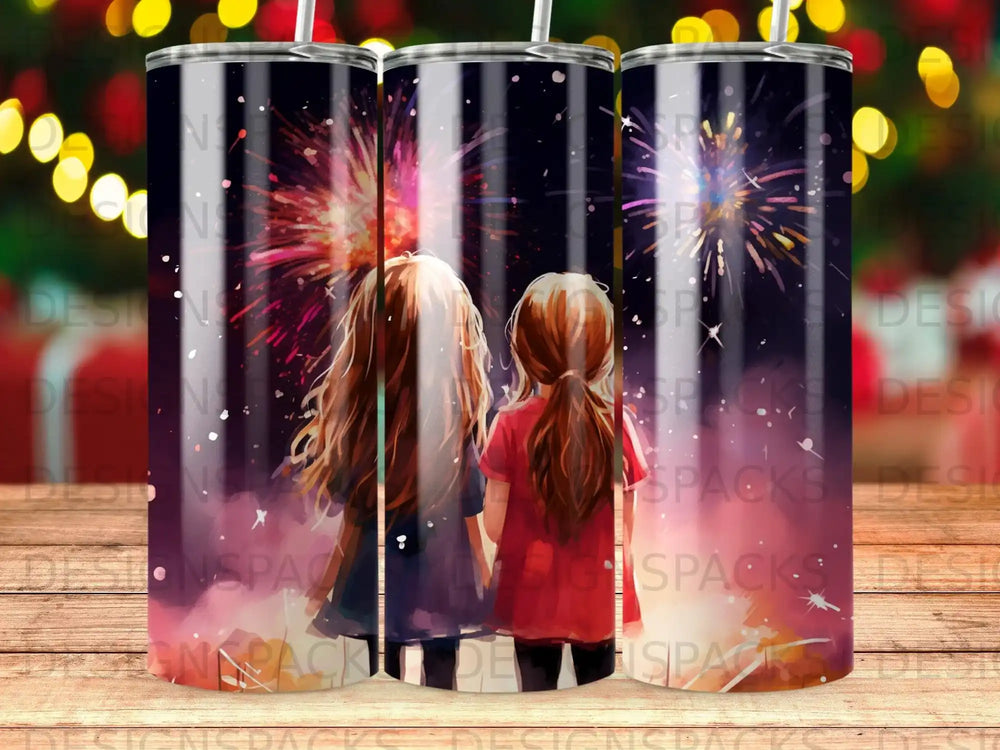 Two girls watch fireworks over a body of water.