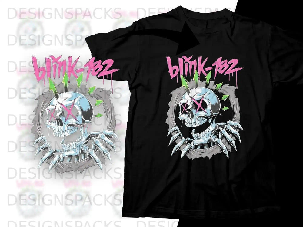 Blink-182 logo on black t-shirt with skull and claw graphics.