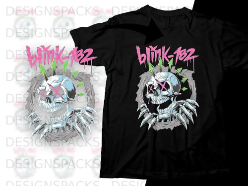 Blink-182 logo on black t-shirt with skull and claw graphics.