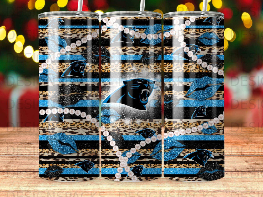 Black panther head with leopard print and blue glitter lips on striped background.