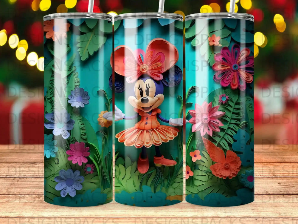 Minnie Mouse with colorful paper flowers and leaves on a tumbler.