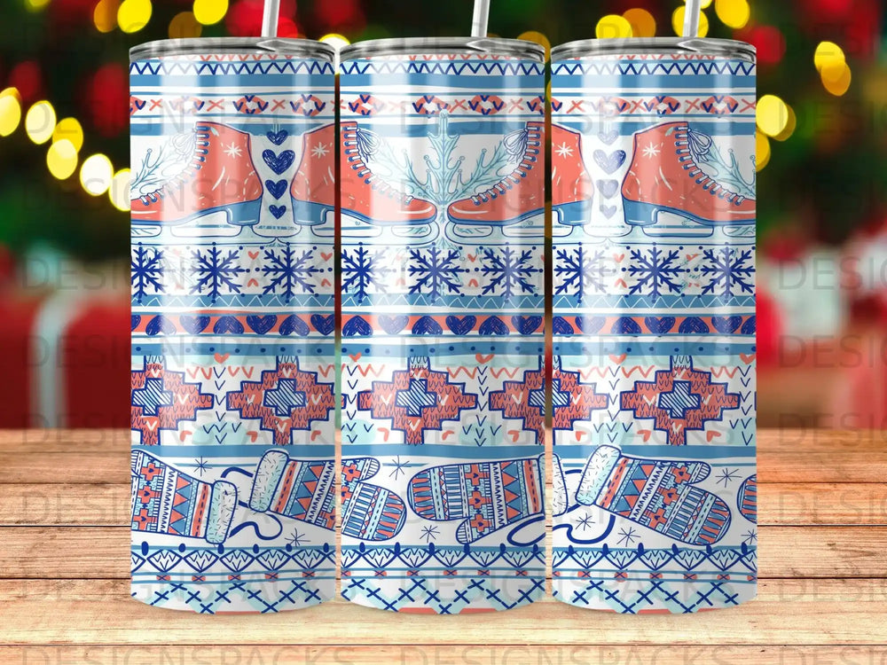 Winter-themed tumbler with skates, snowflakes, and mittens in a repeating pattern.