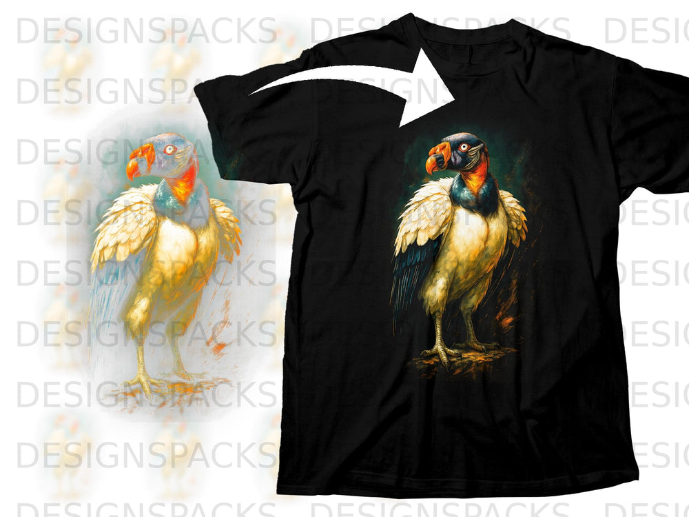 Black t-shirt featuring a king vulture illustration with colorful plumage and dark background.