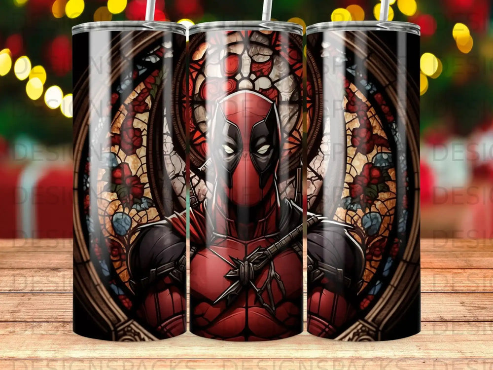 Deadpool in stained glass style on a tumbler, with red, black, and white.
