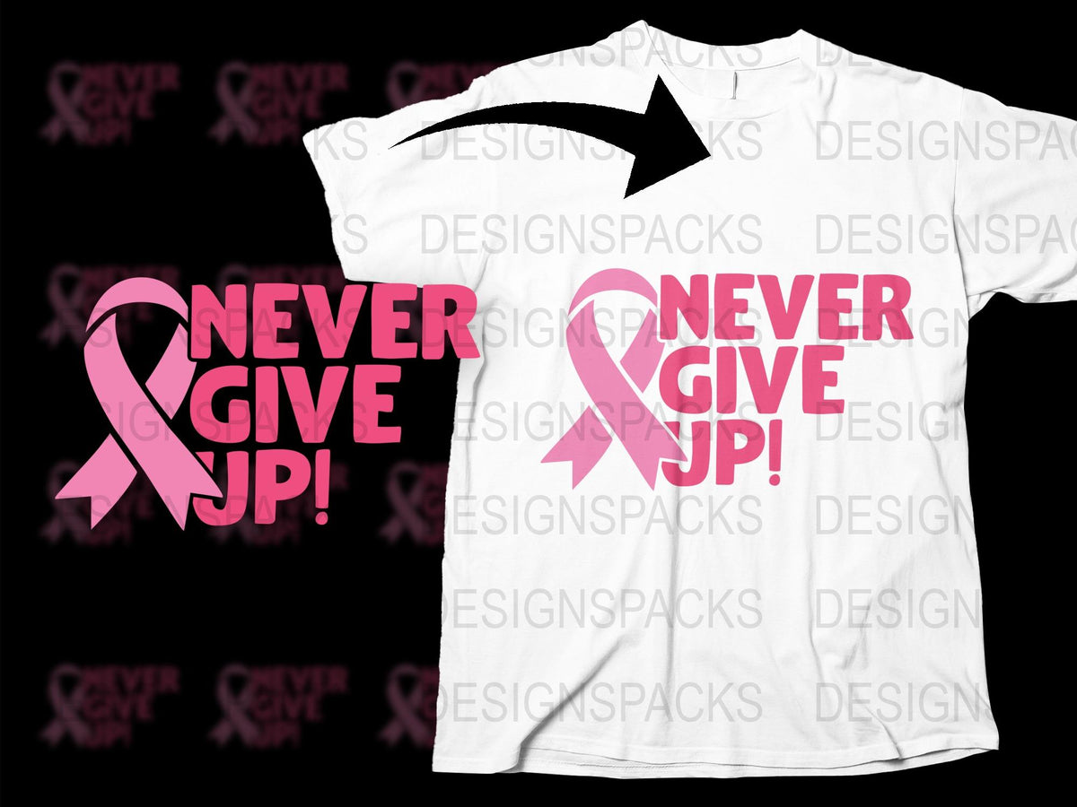 Breast Cancer Awareness T-Shirt, White Pink Ribbon, Never Give Up Graphic Tee, Supportive Apparel