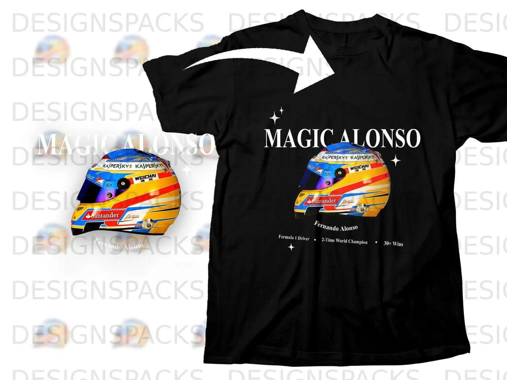 Fernando Alonso "Magic Alonso" t-shirt with Formula 1 driver and world champion details.
