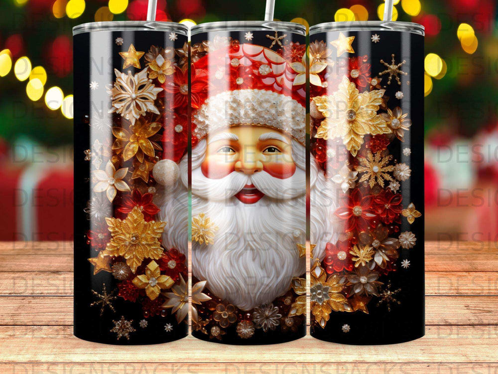 Santa Claus face surrounded by red and gold glittery floral and snowflake designs.