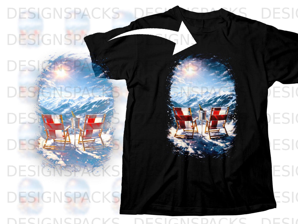 Black t-shirt with a snowy mountain landscape featuring two deck chairs and champagne.