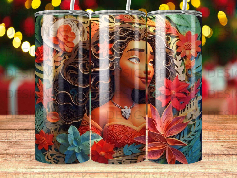 Moana character with floral accents on a patterned tumbler.