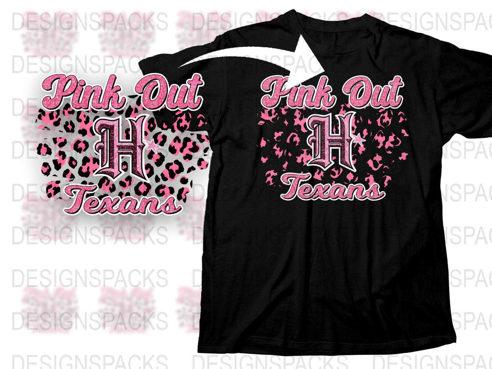 Pink Out Texans T-Shirt, Black Cotton Tee with Pink Leopard Print, Casual Sporty Game Day Apparel