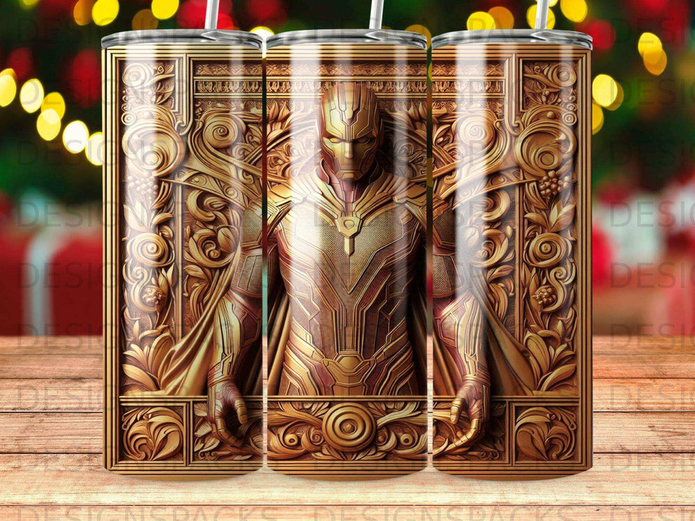 Golden armor with ornate borders, framed by bokeh lights.