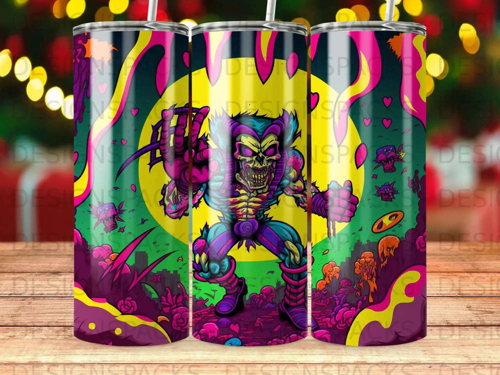 Cartoon monster with glowing eyes and purple armor on a psychedelic background.