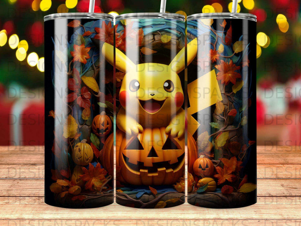 Pikachu in a pumpkin carving with autumn leaves and Halloween decorations.