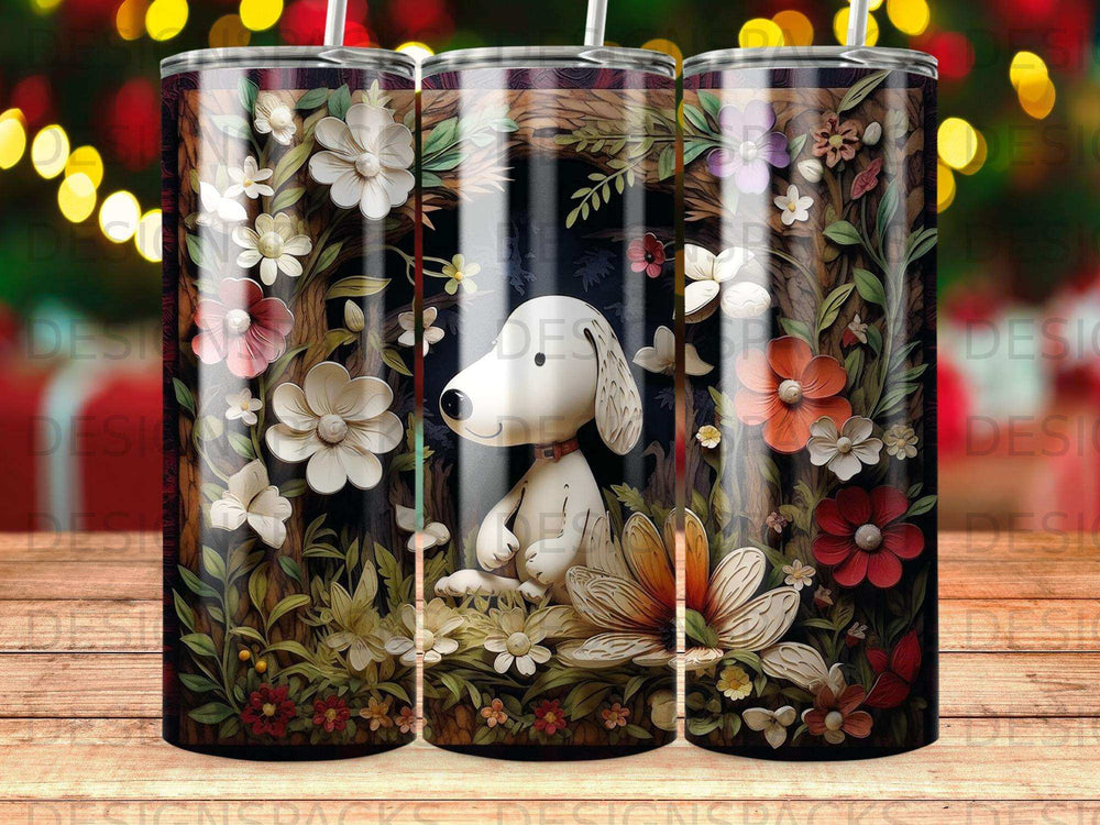Snoopy sitting among colorful flowers and leaves on a dark background.