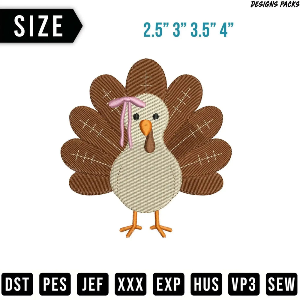 Brown embroidered turkey with pink bow, available in multiple sizes and formats.