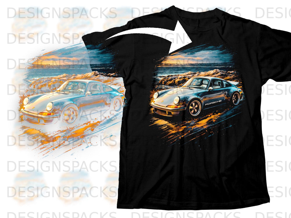 Black t-shirt featuring a dark grey Porsche 911 parked by a rocky coast at sunset.