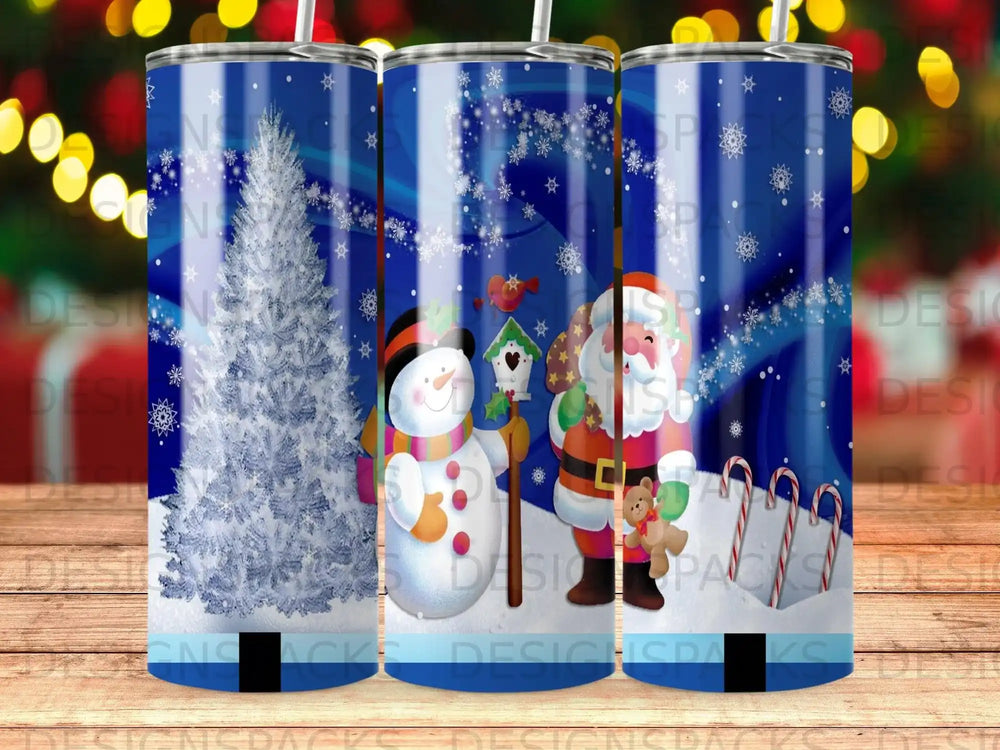 Christmas snowman and Santa Claus with festive trees and candy canes on blue background.