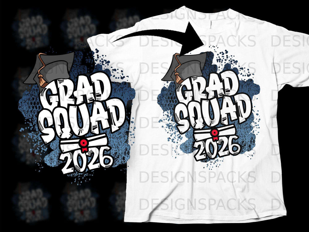 Grad Squad 2026 graduation design with mortarboard and diploma graphic.