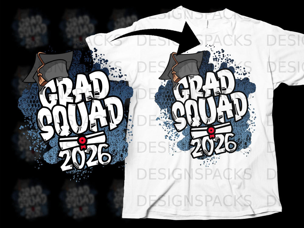 Grad Squad 2026 graduation design with mortarboard and diploma graphic.
