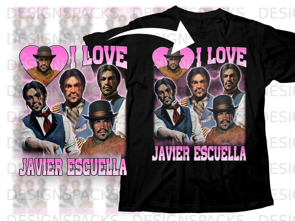 Black t-shirt graphic with "I LOVE" and "JAVIER ESCUELLA" text and character portraits.