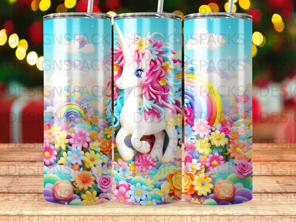 Unicorn with rainbow mane and tail surrounded by colorful flowers and rainbow.