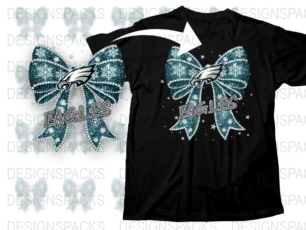 Philadelphia Eagles Inspired T-Shirt, Sparkly Blue Bow Design, Football Fan Gear, Casual Wear