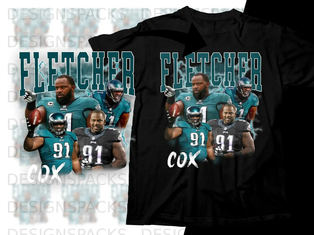 Philadelphia Eagles players Fletcher Cox and Fletcher Cox on a black t-shirt.