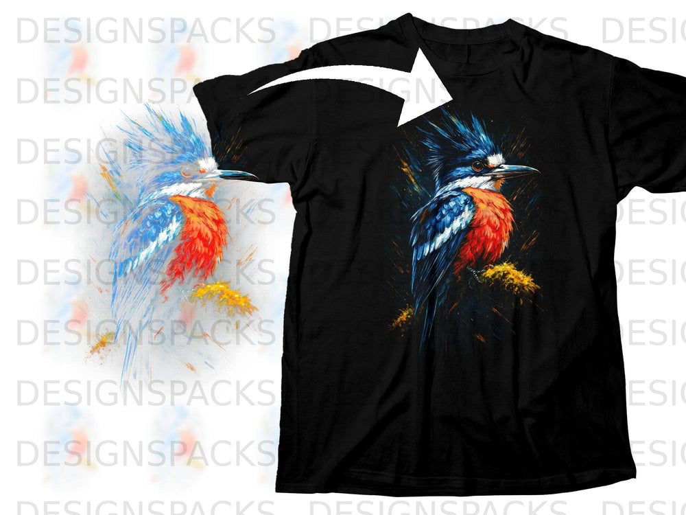 Black t-shirt with a vibrant watercolor kingfisher bird graphic.