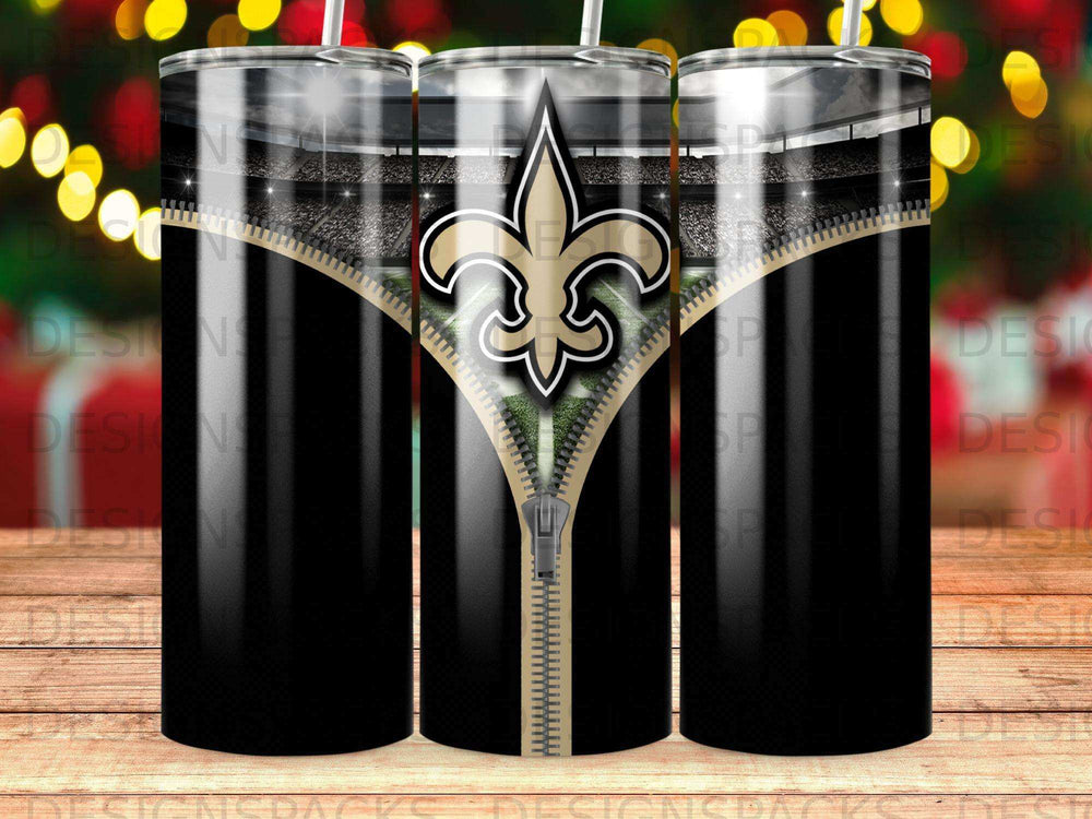 Black tumbler with a gold New Orleans Saints logo and a zippered effect.