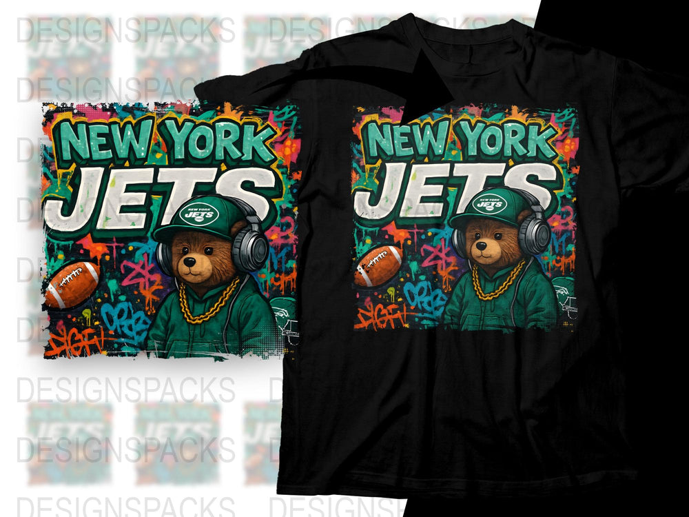 New York Jets Themed T-Shirt, Urban Graffiti Art Style, Hip Hop Bear Design, Sports Fan Apparel