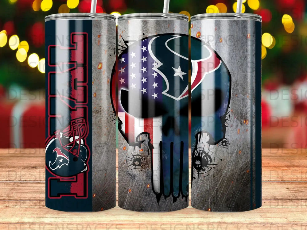 Skull with Houston Texans logo and American flag, on a rustic background.