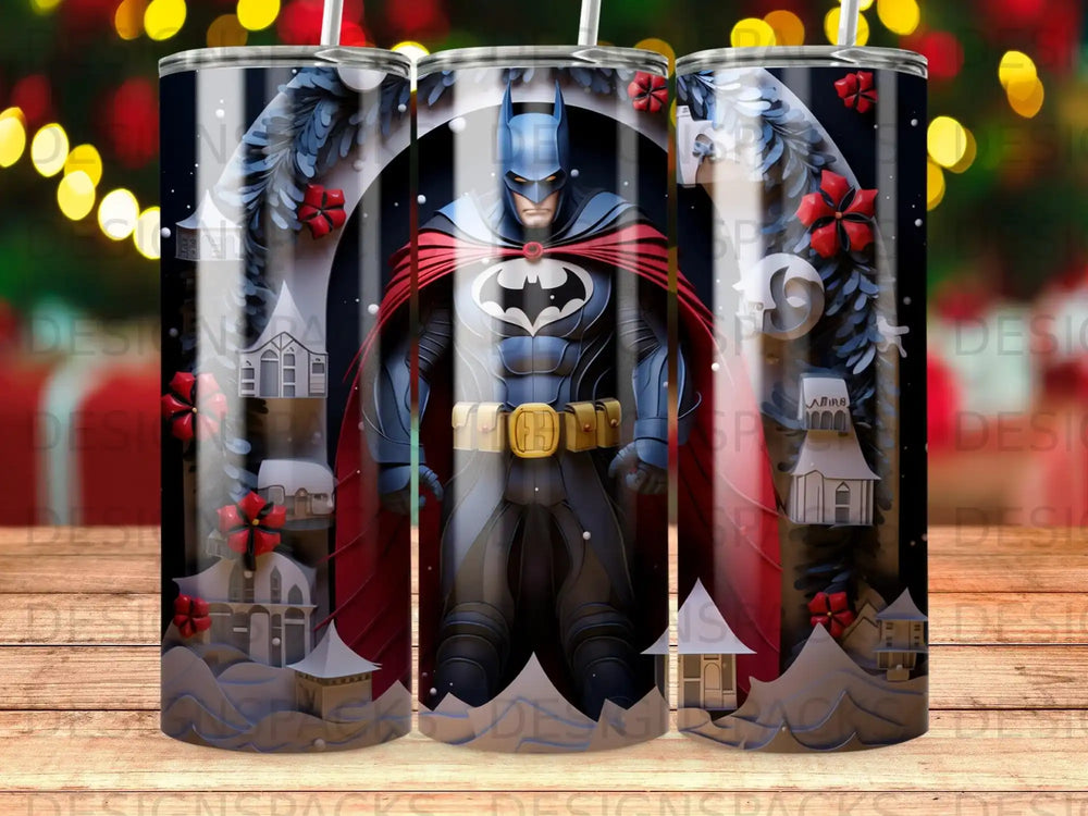 Batman in a snowy city scene with festive red bows on a tumbler.