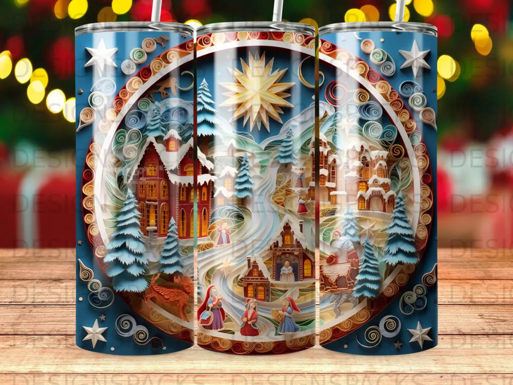 Festive circular design with a winter village and starburst in a patriotic theme.