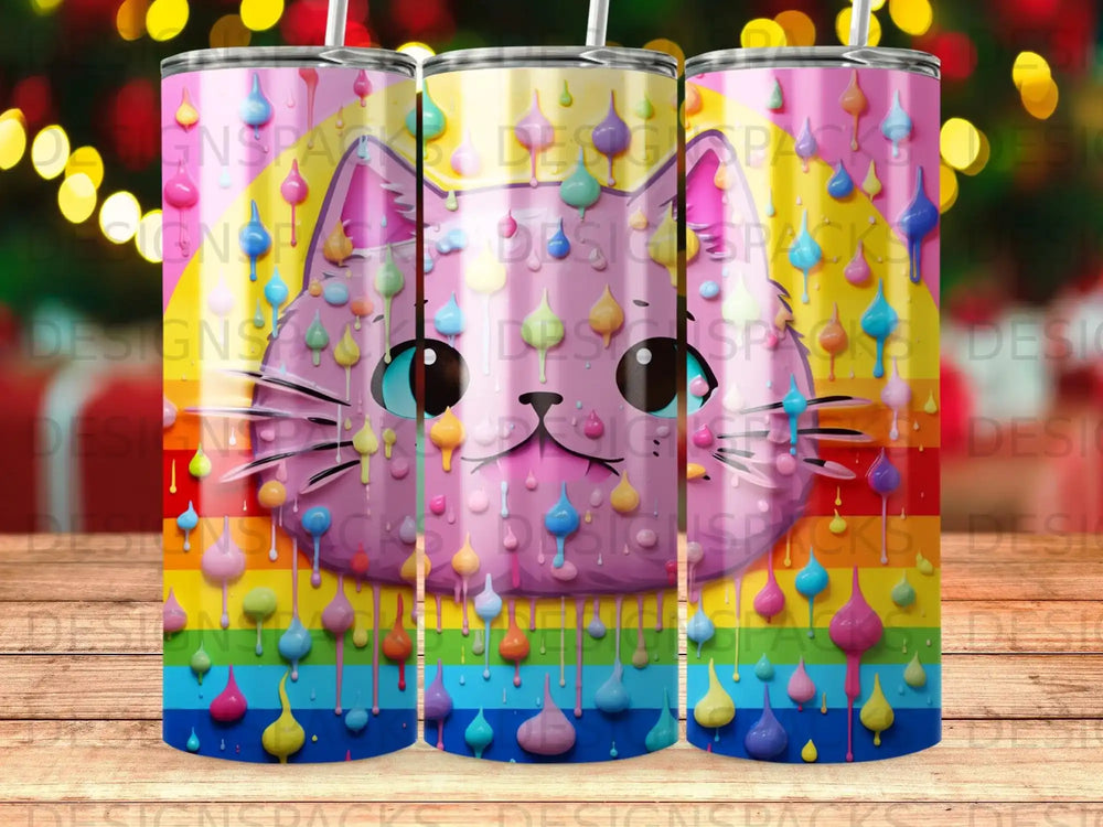 Pink cat face with dripping paint effect on rainbow background.