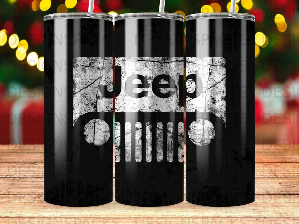 Black tumbler with distressed Jeep logo and grill graphic.