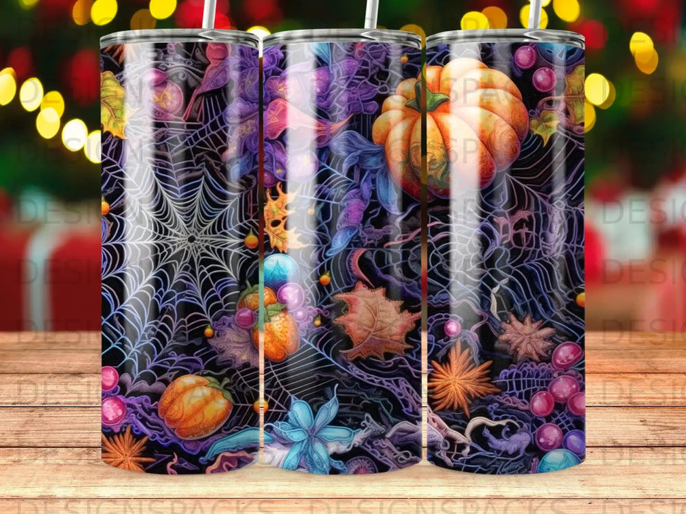 Halloween tumbler with pumpkins, spiders, and autumn leaves.