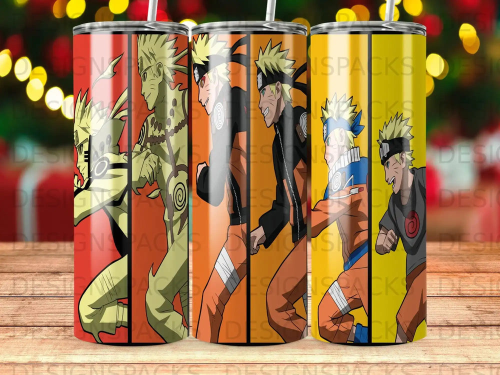 Naruto Uzumaki in Sage Mode and Hokage cloak on three patterned tumblers.