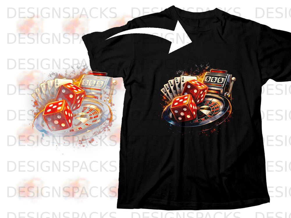 Black t-shirt with a casino graphic featuring dice, cards, slot machine, and roulette wheel.