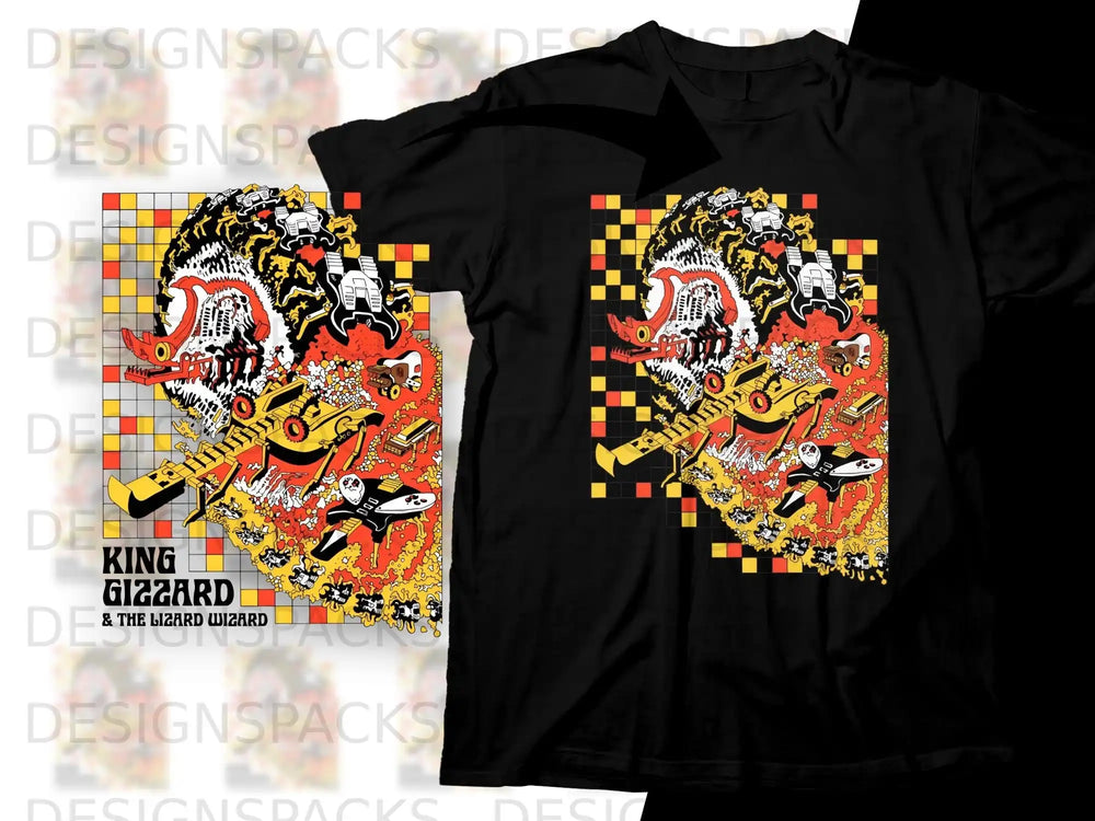 Black t-shirt with King Gizzard and the Lizard Wizard album art.