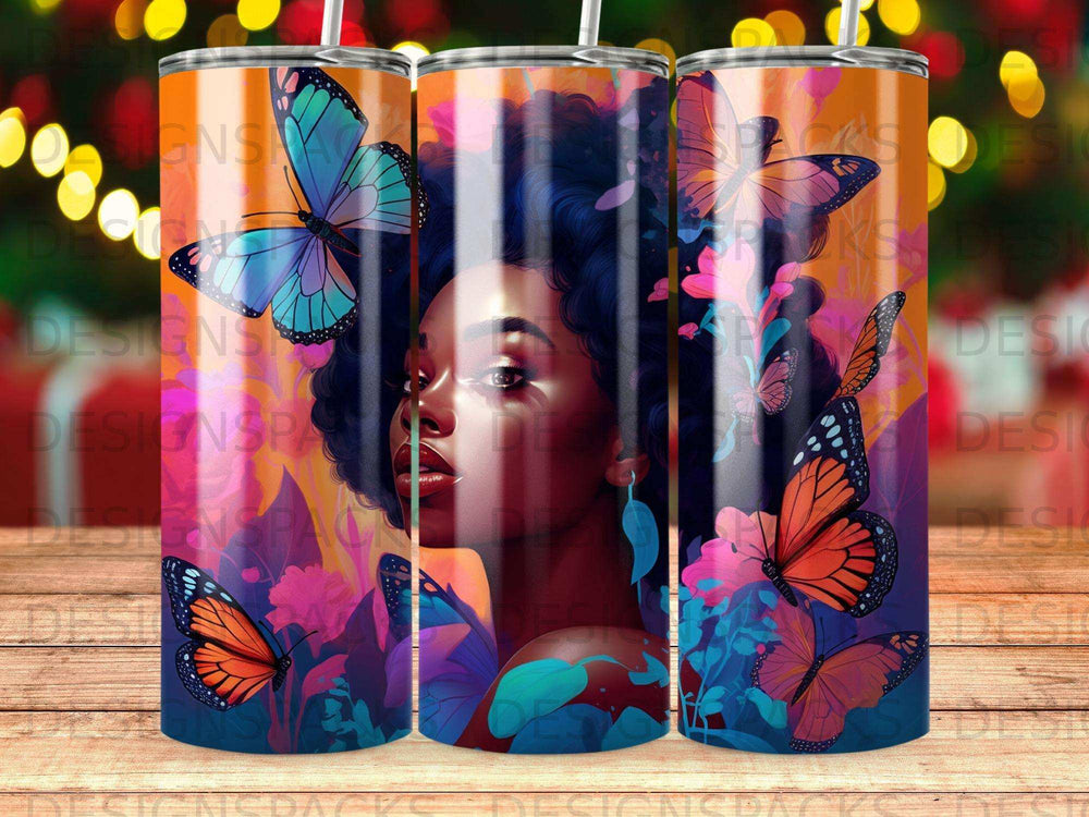 Woman with butterflies and flowers, vibrant colors, for sublimation tumbler.
