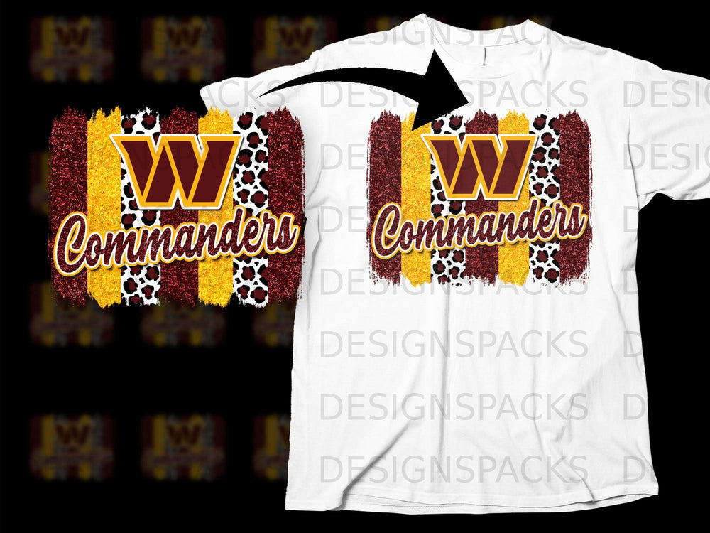 Washington Commanders logo with cheetah print and glitter stripes.